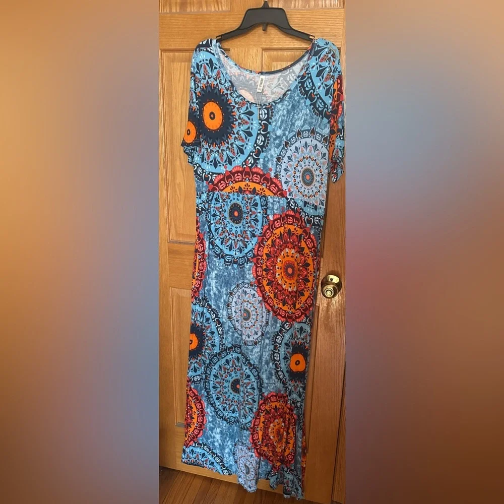 Grecerelle Summer Maxi Round Neck Short Sleeves Pockets Dress Sz 3XL - Picture 3 of 13